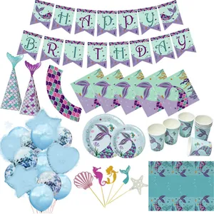 Birthday Decoration Set 10 PCS Mermaid Theme Birthday Party Supplies Party Paper PlateBanner Birthday Party Decorations Set