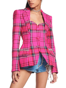 TWOTWINSTYLE आकस्मिक गुलाबी प्लेड Backless चिथड़े हीरा एकल छाती महिलाओं रंगीन जाकेट - Product Image 2