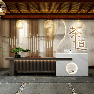Comptoir d'accueil en béton avec accents en bois, éclairage LED minimaliste, comptoir moderne pour bureau, hall d'hôtel, clinique, spa - Product Image 4