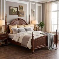 Lit double en bois massif de style campagnard américain classique, grand lit pour chambre de villa