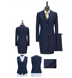 여자의 로얄 블루 비즈니스 사무실 정장 착용 싱글 브레스트 플랫 라펠 칼라 세트 바지 스커트 조끼 65% 폴리 에스테르