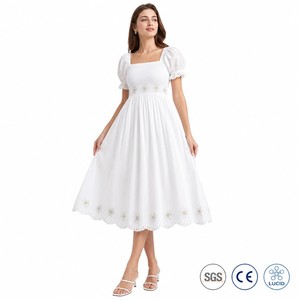 Abito Midi da Donna in Voile <span class=keywords><strong>di</strong></span> Cotone 160GSM con Collo Quadrato e Maniche a Sbuffo, Ricamo Svizzero Edelweiss, Stile Alpino Personalizzato - Product Image 1