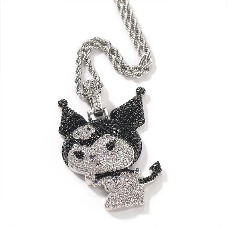 Đầy đủ Rhinestone mát Bling phong cách 24-inch dây chuỗi Iced-out màu đen và trắng Anime Kawaii kuromi Mặt dây chuyền vòng cổ