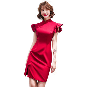 Robe de mariée Cheongsam Qipao rouge et noire, mode féminine, jeune fille, courte, en tissu polyester, vêtement traditionnel <span class=keywords><strong>chinois</strong></span> - Product Image 5