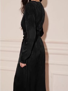 Abito Aderente <span class=keywords><strong>Nero</strong></span> Stile Francese <span class=keywords><strong>con</strong></span> Scollo a V e Maniche Lunghe, Elegante <span class=keywords><strong>Vestito</strong></span> Aderente <span class=keywords><strong>con</strong></span> <span class=keywords><strong>Spacco</strong></span> <span class=keywords><strong>Laterale</strong></span> - Product Image 5