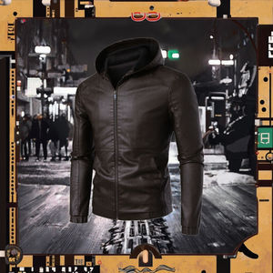 Veste en cuir véritable pour homme, style streetwear, fermeture éclair, grande taille, col montant, hiver, écologique, respirante, teinte unie - Product Image 3