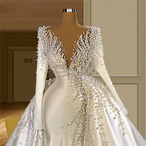 Factory Price Luxury Beaded Rhinestone Deep V-neck Long Sleeve Satin Detachable Wedding Dress - Product Image 1