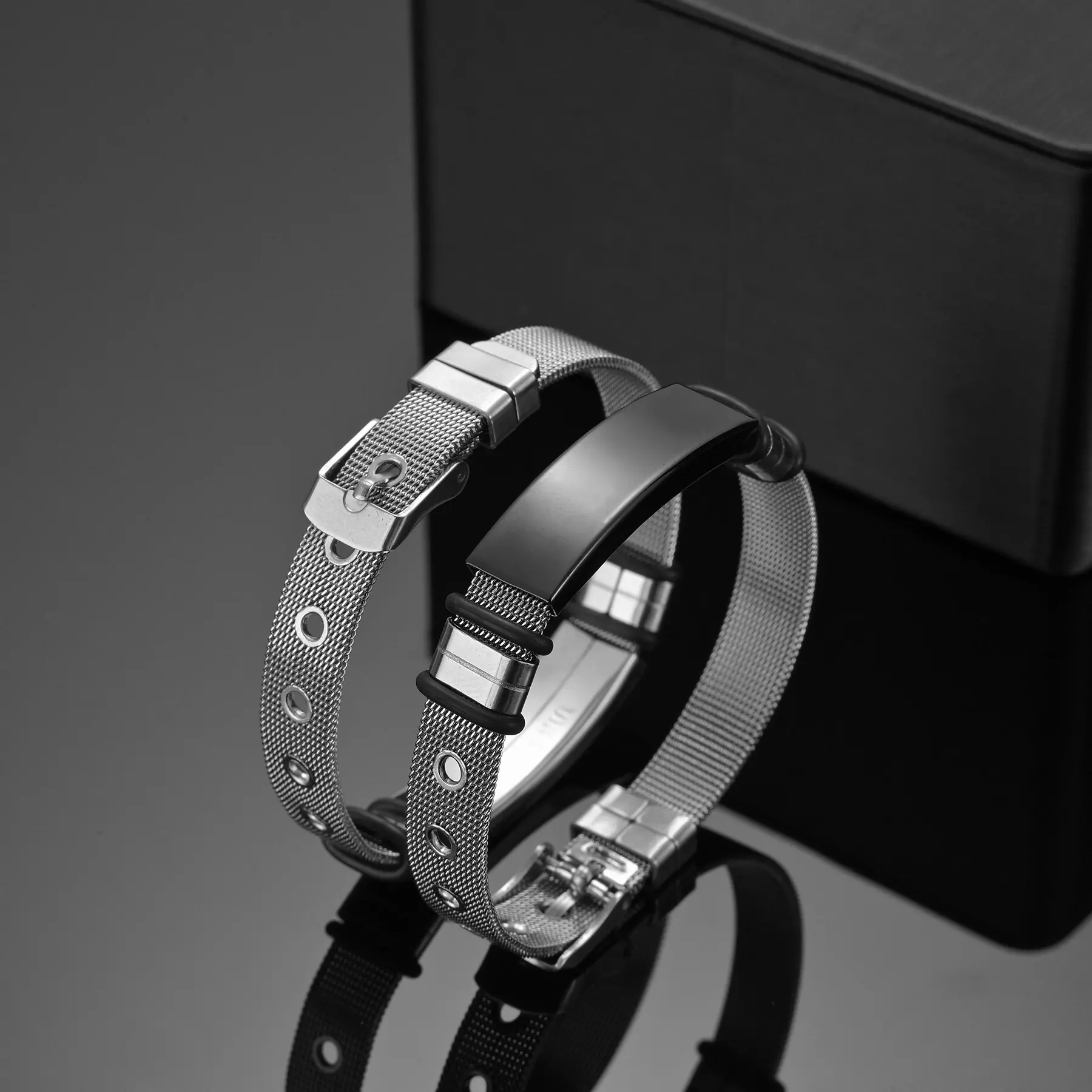 Bracelet à chaîne en maille d'acier inoxydable gravure laser à barre noire bijoux pour hommes gravure laser mot