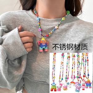 Cartoon Seed Bead Necklace Stainless Steel Clavicle Chain <b>Rainbow</b> Monster Pendant Fashion Jewelry - Product Image 1