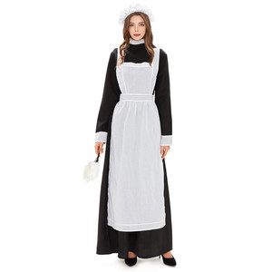 Disfraz de enfermera para mujer, vestido largo negro con delantal blanco y sombrero para fiesta de Halloween, uso en escenario - Product Image 5