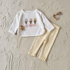 Sonbahar İlkbahar Yeni Tatlı Dondurma Karikatür İşlemeli Pamuklu Uzun Kollu İki Parçalı Yuvarlak Yaka Bebek Kız Elbise Takımı - Product Image 6