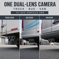 Caméra de recul double objectif pour camion et bus 2-en-1 AHD avec capteur de stationnement, vision nocturne, écran partagé, 12-24V, étanche IP68, sécurité