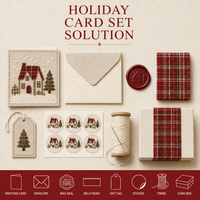 Carte de vœux personnalisée de Noël 5x7 pouces en feutre de lin 300 g/m² avec applique cabane d'hiver, enveloppe assortie et estampage à chaud en relief