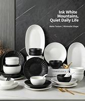 Service de vaisselle en céramique noir mat et blanc, assiettes et bols minimalistes pour la table à manger à la maison, décoration de table de restaurant