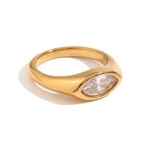 18K <b>Gold</b> Plated Stainless Steel Signet <b>Ring</b> Marquise Color Zircon Bezel <b>Set</b> Minimalist Luxury Trending Women Wide Band <b>Ring</b> - Product Image 4