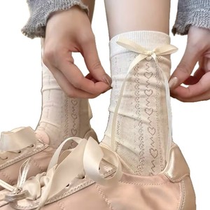 Calcetines a media pantorrilla con diseño de lazo, calcetines transpirables para mujer para primavera y verano, patrón de puntos, fibra de poliéster - Product Image 3
