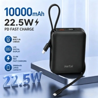 Batterie externe 10000mAh 22.5W PD à charge rapide avec double câble intégré, écran LCD numérique, chargeur de batterie portable