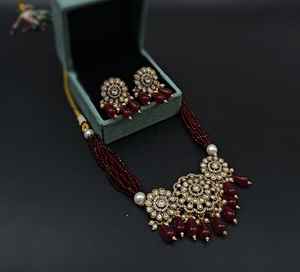 Ensemble ras-de-cou Kundan ethnique plaqué or pour femmes collier avec boucles d'oreilles style goutte bijoux collier ras du cou - Product Image 3