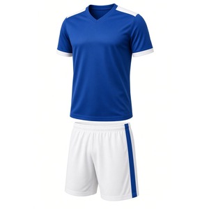 Ensemble uniforme de football bleu roi pour hommes, maillot à col en V et short blanc, kit de football en gros - Product Image 1