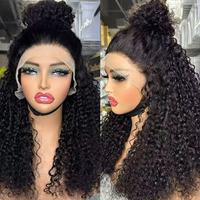 Perruque Lace Front en Cheveux Humains Brésiliens Remy avec Base Transparente pour Boucles Pixie, Ondulations Profondes et Longues, Couleur Noire