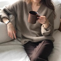 Einfacher, Hochwertiger Damen Pullover aus Weichem, Wachsigem 100% Kaschmir mit V-Ausschnitt – Maßgefertigt, Locker Gestricktes Unterhemd für Herbst und Winter