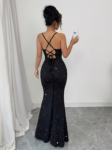 Abito lungo da donna bianco glitterato aderente, personalizzabile OEM/ODM, con <span class=keywords><strong>spalline</strong></span> sottili e taglio a sirena, per il commercio all'ingrosso - Product Image 4