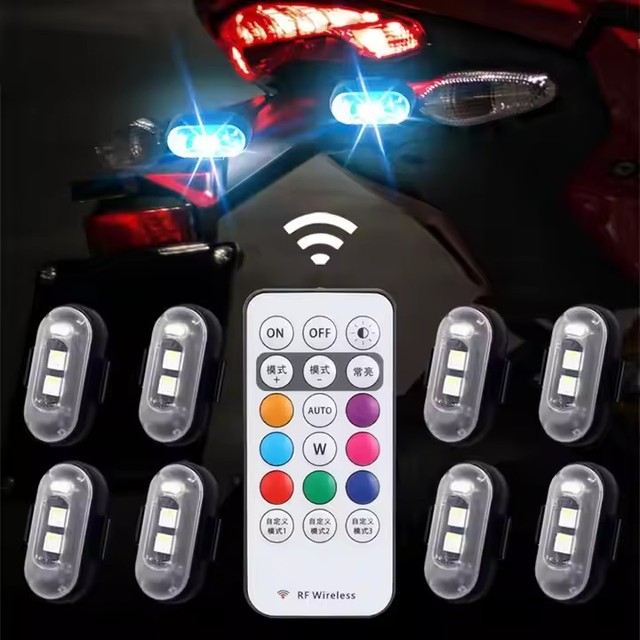 Wireless LED Strobe Lights with Remote Control 8 Colors USB Charing Waterproof for Car Motorcycle Drone Aircraft Bike