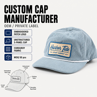 Casquette Snapback non structurée à 5 panneaux en velours côtelé à profil bas avec patch brodé personnalisé