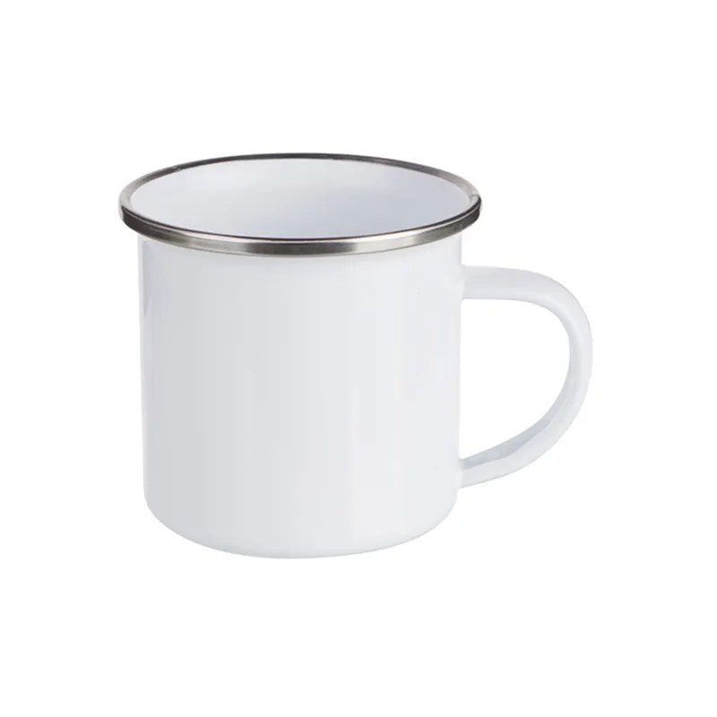 Tasse vierge avec logo personnalisé imprimé, à bord en acier inoxydable, tasse en céramique émaillé, pour sublimation, couleur blanche, ml 12oz