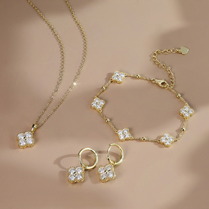 SS MON14 Custom Ins Style Moissanite Clover Jewelry Set Necklace Earrings <strong>Bracelet</strong> 925 Sterling Silver Elegant <strong>Matching</strong> Design - Product Image 3