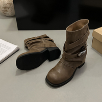 Bottines à talon compensé caché pour femme, en cuir vieilli, avec bride croisée et boucle, style western, 3 couleurs