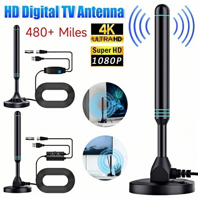 Long Range TV Antenna 4K/1080P HD Digital TV Antenna Magnetic Base 480+Miles Indoor Outdoor Aerial with Amplifier Signal Booster