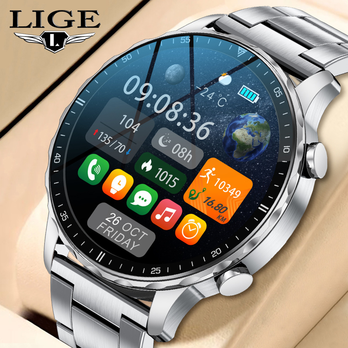 LIGE New Stainless Steel Strap Smartwatch Men Health Monitor Man <strong>Watches</strong> Calling Sports <strong>Smart</strong> <strong>Watch</strong> for <strong>Android</strong> Ios
