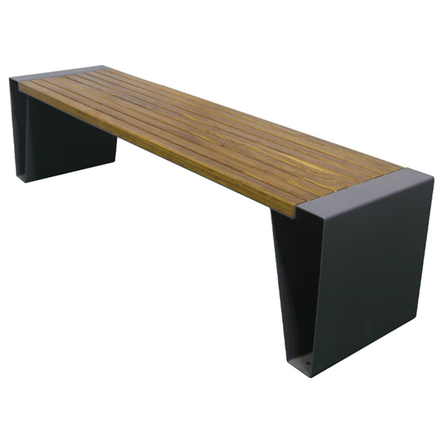 Outdoor Furniture Wood and Metal Backless Bench Seat Outside Park Public Garden Patio Solid Wood Seating Bench Without Back