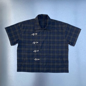 Chemise à manches courtes à rabat vintage personnalisée, motif à carreaux et à rayures, boucles en métal, chemise décontractée pour pompiers, streetwear - Product Image 1