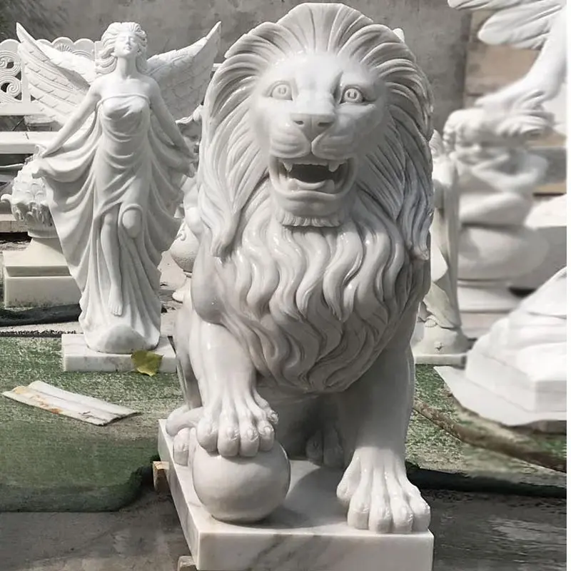 Dekorasi luar ruangan batu alam Modern ukuran hidup, patung marmer singa taman singa marmer