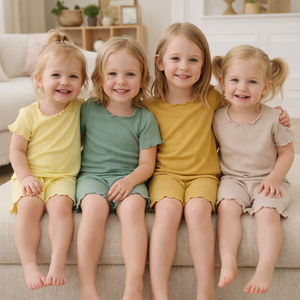 Pakaian Anak Perempuan Musim Panas Set Pakaian Poliester Polos Lengan Pendek 2-Potong Piyama Set Pendek Anak Perempuan Kustom Grosir - Product Image 1