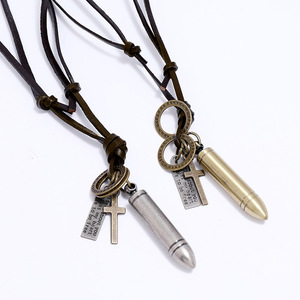 빈티지 가죽 로프 체인 목걸이 더블 링 펜던트 남성용 트렌디 쥬얼리 도매 - Product Image 2