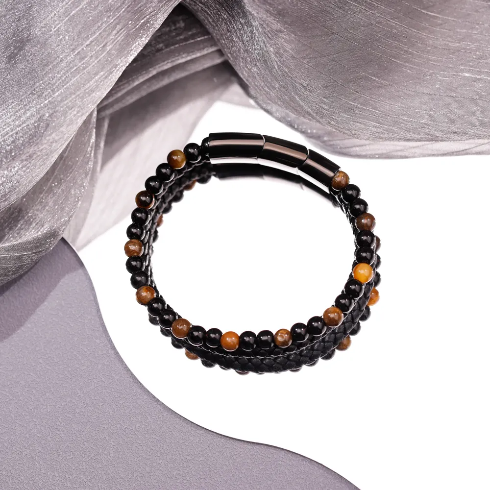Hot Sale Jewelry Double Layers Leather Natural Stone Volcanic Rock Lava Tiger Eye Beaded Bracelet For Men