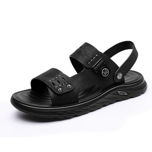 Men's Genuine Leather Solid Flat Sandals Open Toe Anti Slip Rubber Outsole Embossed Logo Casual <b>Beach</b> Driving Outdoor <b>Shoes</b> - Product Image 5