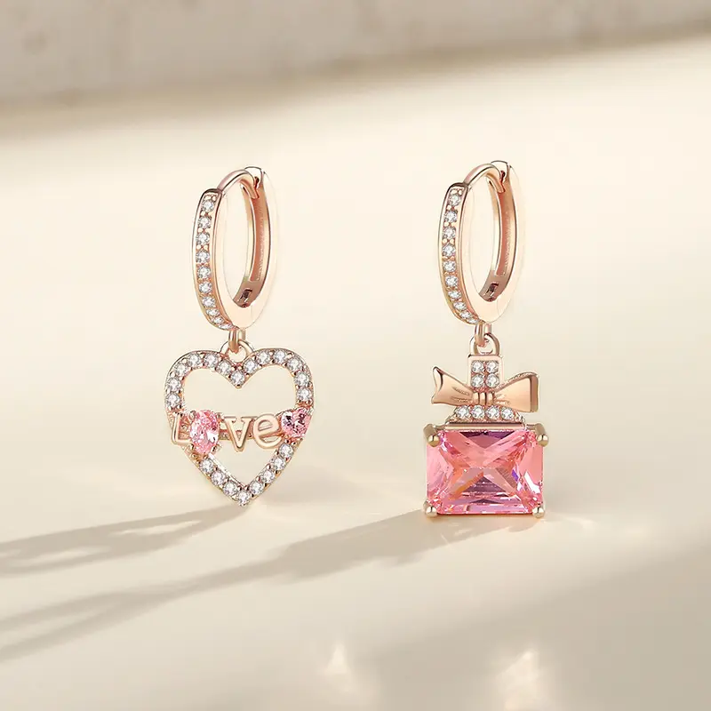 Fashion Jewelry Wholesale 925 Silver Asymmetric Cubic Zircon Heart Drop Dangle Earrings