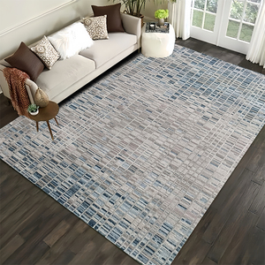 Alfombra moderna de alta calidad con mechones a mano, Alfombra de lana con patrón Rectangular geométrico gris azul para decoración para sala de estar del hogar - Product Image 1