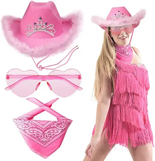 3PCS Chapeau de cowboy rose avec diadème Chapeau de cowboy en feutre pour costume occidental Jazz Disco