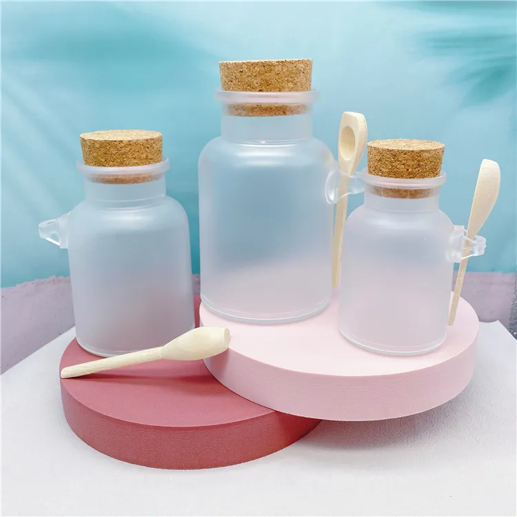 100Ml 200Ml 300Ml 500Ml Lege Cosmetische Verpakking Ronde Body Scrub Abs Plastic Badzout Fles Met kurk Houten Lepel