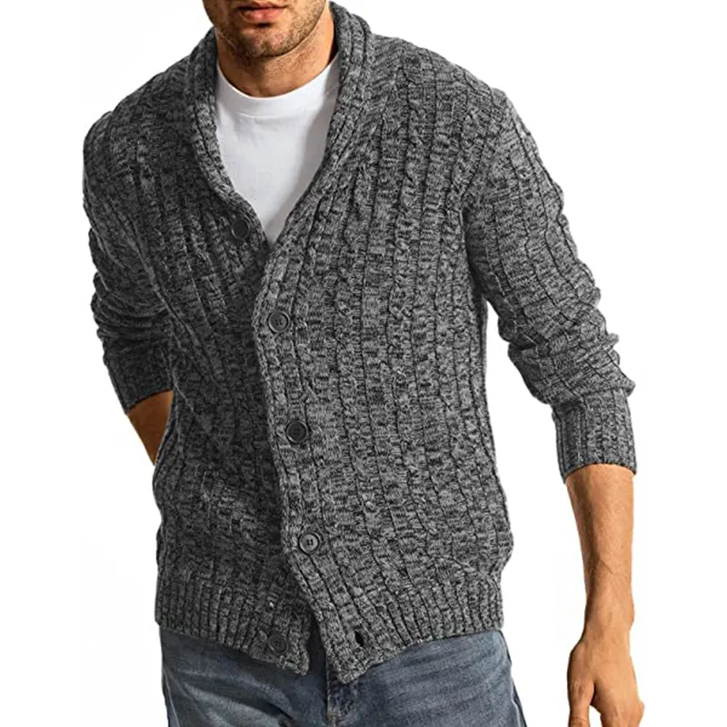 Men's Cardigan Sweater Cable Knitted Shawl Collar Cardigans for Men V Neck Long-Sleeve Button-Down Slim Fit Sweater