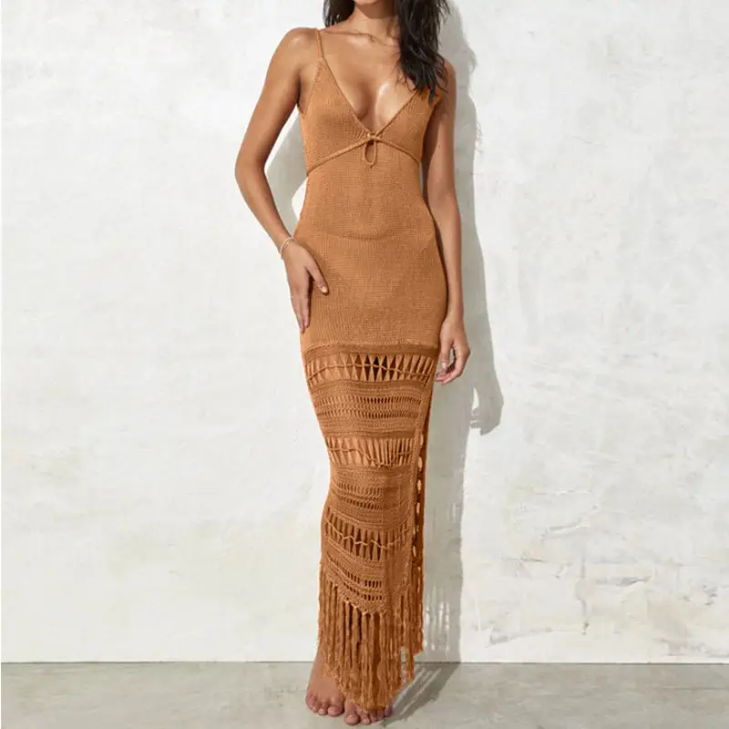 Summer Sexy Knitted V-Neck Crochet Hollow Out Bikini Swimsuit Cover Up Long Beach Dress