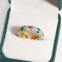 Cincin Wanita Gaya Cina Trendi Terbaru, Berlapis Emas, Tembaga, Motif Bunga Enamel Warna-warni, Model Cuff Terbuka