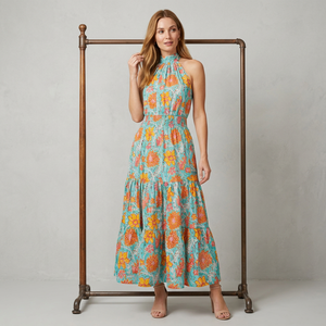 Floral Print Halter Midi Dress Women A-Line Sleeveless Summer Sundress <b>Elastic</b> Waist Tiered Layered Knitted Washable 100% Cotton - Product Image 1