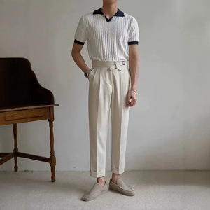 Polo homme tricoté à manches courtes, style italien, blanc et bleu marine, coupe ample, haut de gamme, pour l'été - Product Image 3
