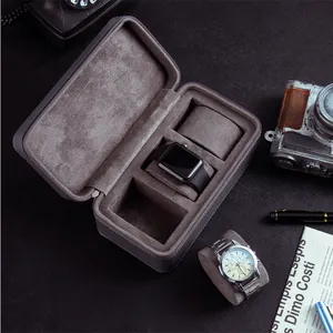 Grey 3 Slot PU Leather Zipper Portable Storage Display Wrist Watch Storage Travel Case Boxes